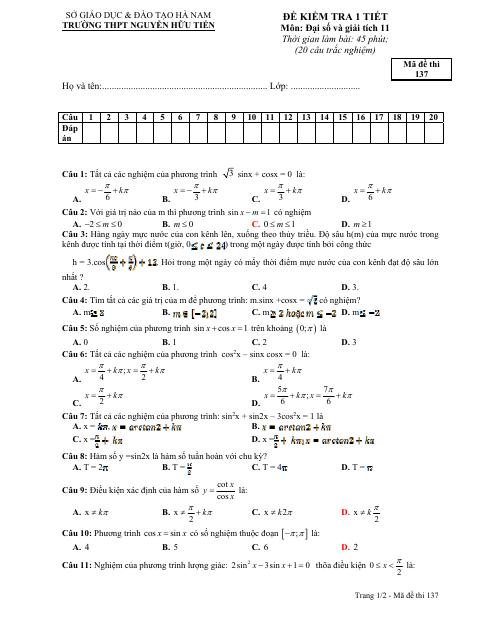 Đề kiểm tra 1 tiết Đại số và Giải tích 11 chương 1 (Lượng giác) trường THPT Nguyễn Hữu Tiến – Hà Nam